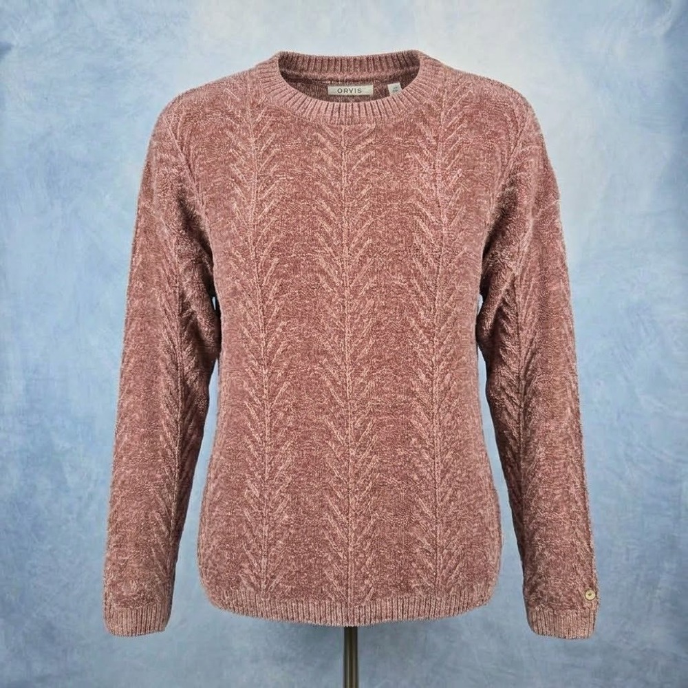 Orvis Womens Chenille Cable Knit Sweater Pink Crew Neck Pullover Size M